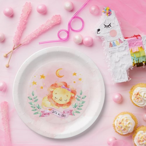 Little Lion Its a Girl Watercolor Pink Baby Shower Paper Plates