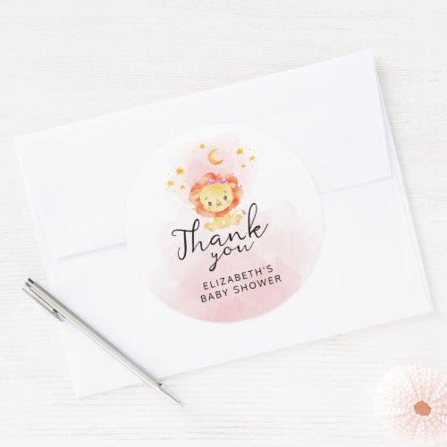 Little Lion Its a Girl Watercolor Pink Thank You C Classic Round Sticker