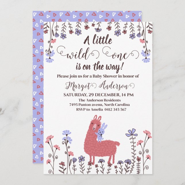 Little  llama Bunny Baby Shower Wild one Invitation (Front/Back)