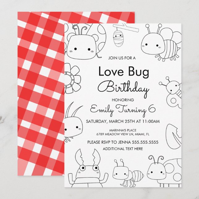 Little Love Bug Birthday Color Invitation (Front/Back)