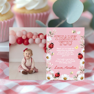 Little Love Bug Daisy Floral Birthday Party Photo Thank You Card