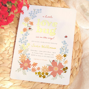 Little Love Bug Girl Retro Baby Shower Foil Invitation