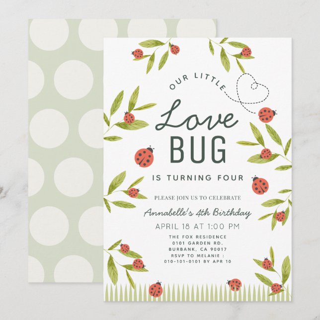 Little Love Bug Ladybug Girl Birthday Invitation (Front/Back)