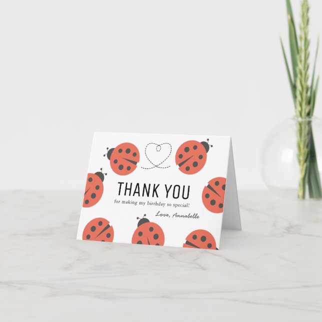 Little Love Bug Ladybug Girl Birthday  Thank You Card (Front)