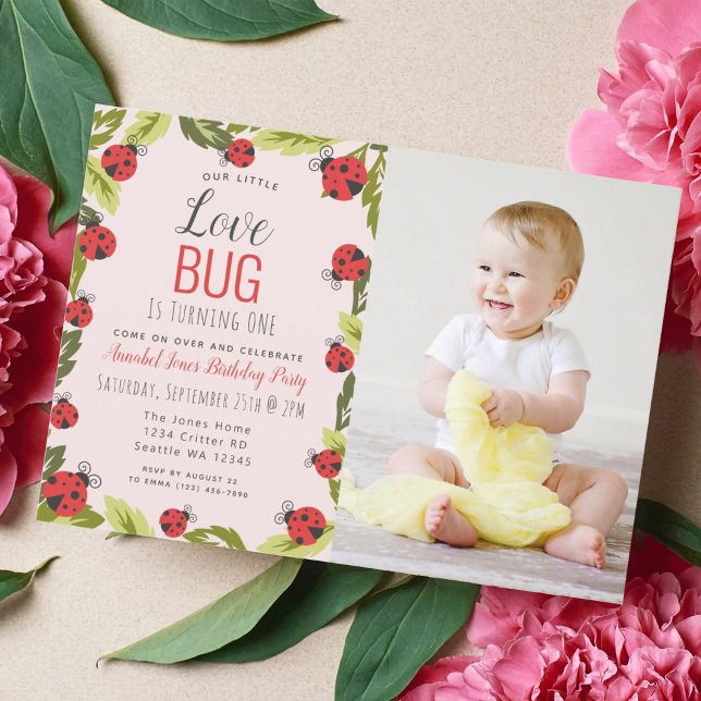 Little Love Bug Ladybug Kids 1st Birthday Photo In Invitation (Creator Uploaded)