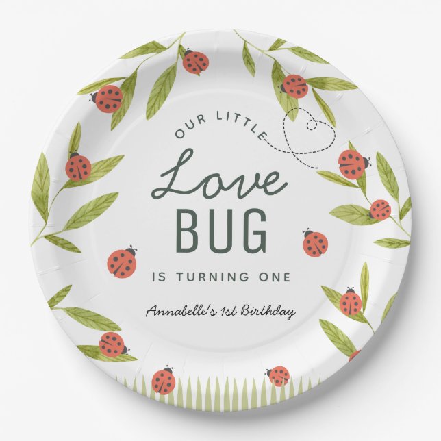 Little Love Bug Ladybug Leaf Birthday Paper Plates (Front)