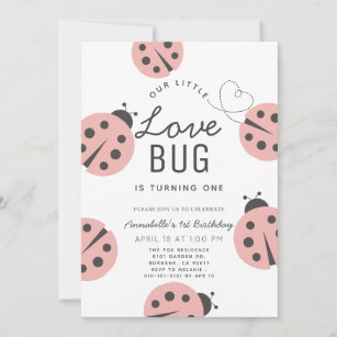 Little Love Bug Light Pink Ladybug 1st Birthday Invitation