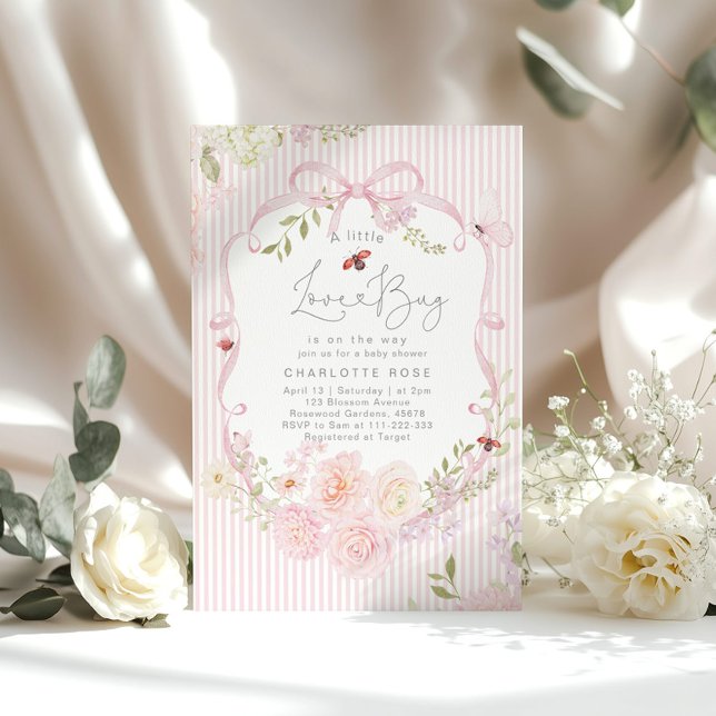 Little Love Bug Pink Bow Stripes Baby Shower Invitation (Creator Uploaded)