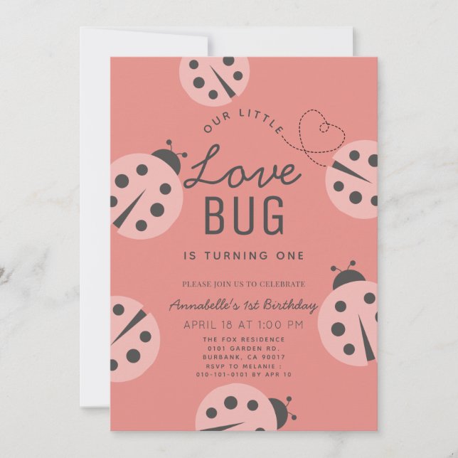 Little Love Bug Pink Ladybug 1st Birthday Invitation (Front)