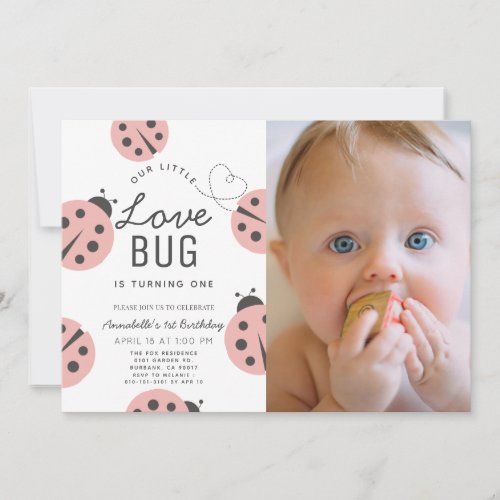 Little Love Bug Pink Ladybug 1st Birthday Photo Invitation