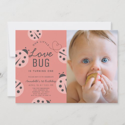 Little Love Bug Pink Ladybug 1st Birthday Photo Invitation