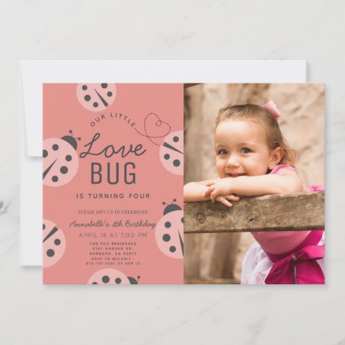 Little Love Bug Pink Ladybug Birthday Photo Invitation