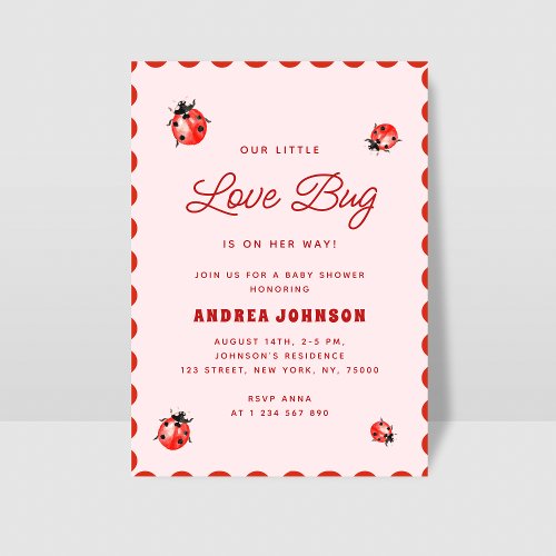 Little Love Bug Pink  Red Ladybug Baby Shower Invitation