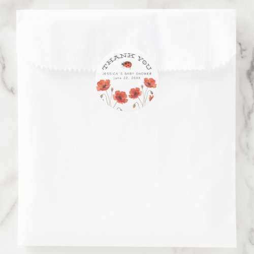 Little Love Bug Red Ladybug Poppies Thank You Classic Round Sticker
