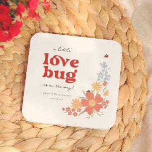 Little Love Bug Retro Girl Baby Shower Square Paper Coaster