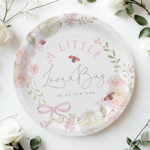 Little Love Bug Wildflower Pink Bow Baby Shower Paper Plates