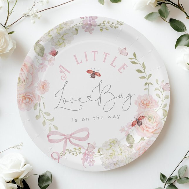 Little Love Bug Wildflower Pink Bow Baby Shower Paper Plates (Creator Uploaded)