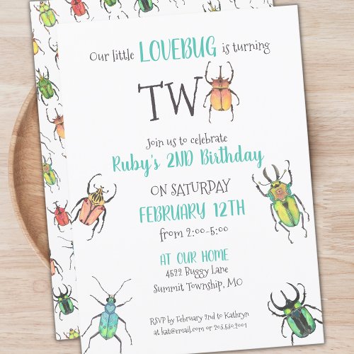 Little Love Bugs Turning Two Second Birthday Invitation