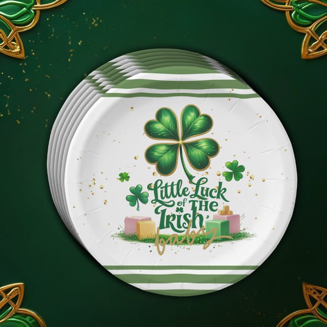 Little luck of Irish Shamrock Gold Baby Shower Paper Plates (Creator Uploaded)