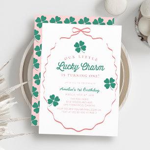 Little Lucky Charm Pink Bow Girl 1st Birthday Invitation