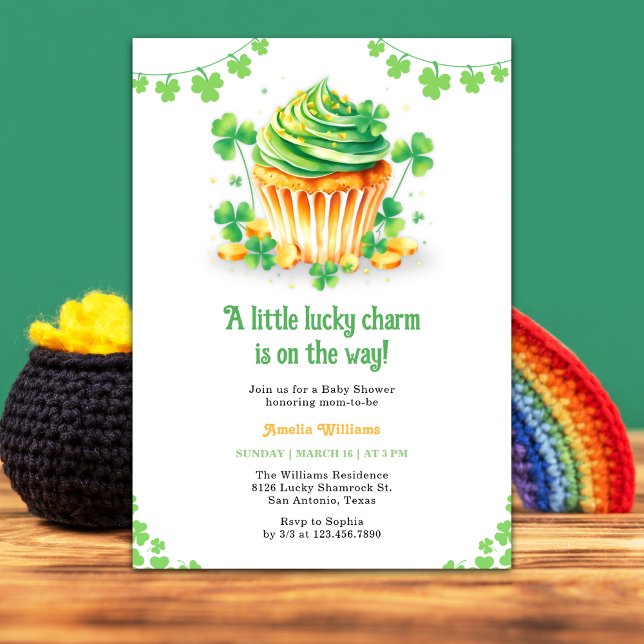 Little Lucky Charm Shamrock Cupcake Baby Shower Invitation (St. Patrick's Day Baby Shower Invitation – Lucky Little Shamrock Theme for Mother-to-Be)