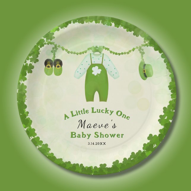 Little Lucky One Shamrock Baby Outfit Baby Shower Paper Plates (Creator Uploaded)