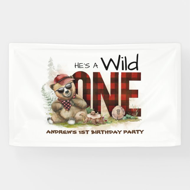 Little Lumberjack Bear First Birthday Welcome Banner (Horizontal)