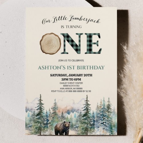 Little Lumberjack Bear Green 1st Birthday Party Invitation