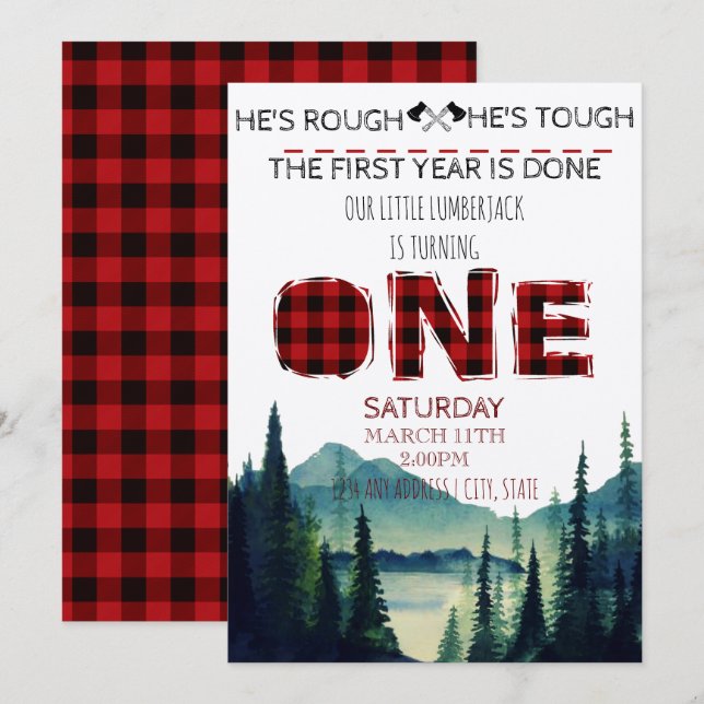 Little Lumberjack Birthday Invite - Buffalo Plaid (Front/Back)