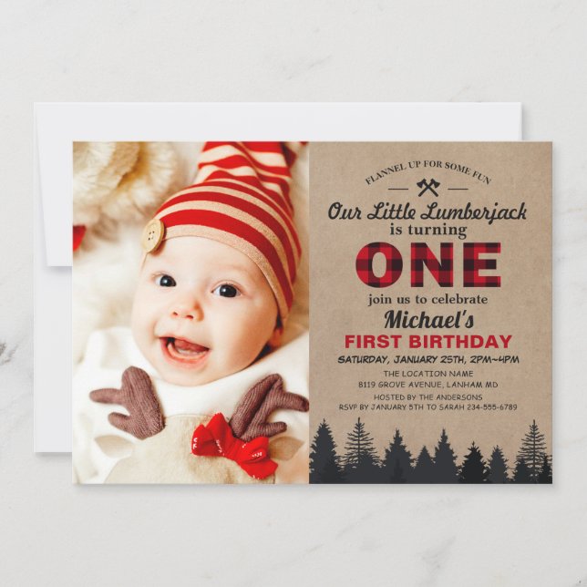Little Lumberjack First Birthday Party Baby Photo Invitation (Front)