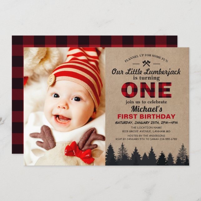 Little Lumberjack First Birthday Party Baby Photo Invitation (Front/Back)
