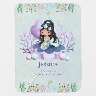 Little Magical Mermaid Watercolor Birth Stats Baby Blanket