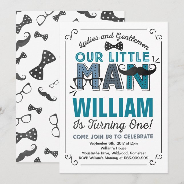 Little Man 1st Birthday Invitation Mustache Party (Front/Back)