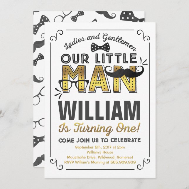 Little Man 1st Birthday Invitation Mustache Party (Front/Back)