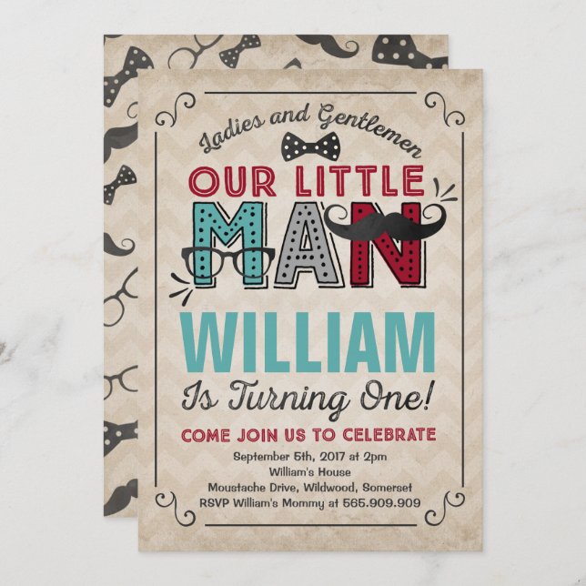 Little Man 1st Birthday Invitation Mustache Party (Front/Back)