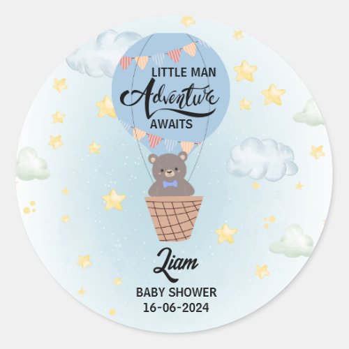  little man adventure awaits bear baby shower classic round sticker