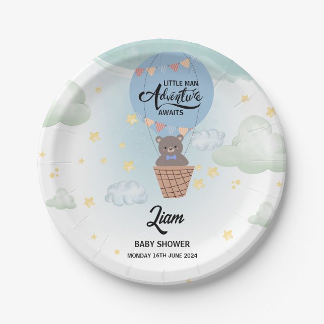  little man adventure awaits bear baby shower paper plates (Front)