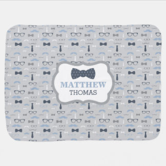 Little Man Baby Blanket, Navy Blue, Gray, Bow Tie Baby Blanket