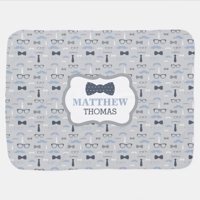 Little Man Baby Blanket, Navy Blue, Gray, Bow Tie Blanket (Horizontal)