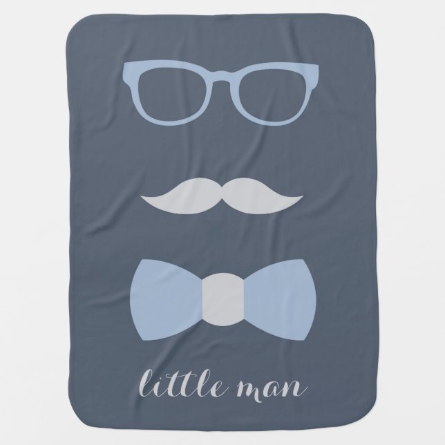 Little Man Baby Blanket, Navy Blue, Gray, Bow Tie Stroller Blanket (Front)
