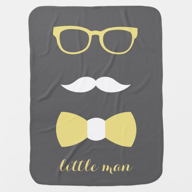 Little Man Baby Blanket, Yellow, Gray, Bow Tie Baby Blanket (Front)