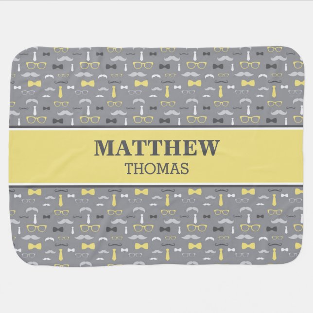 Little Man Baby Blanket, Yellow, Gray, Bow Tie Receiving Blanket (Horizontal)