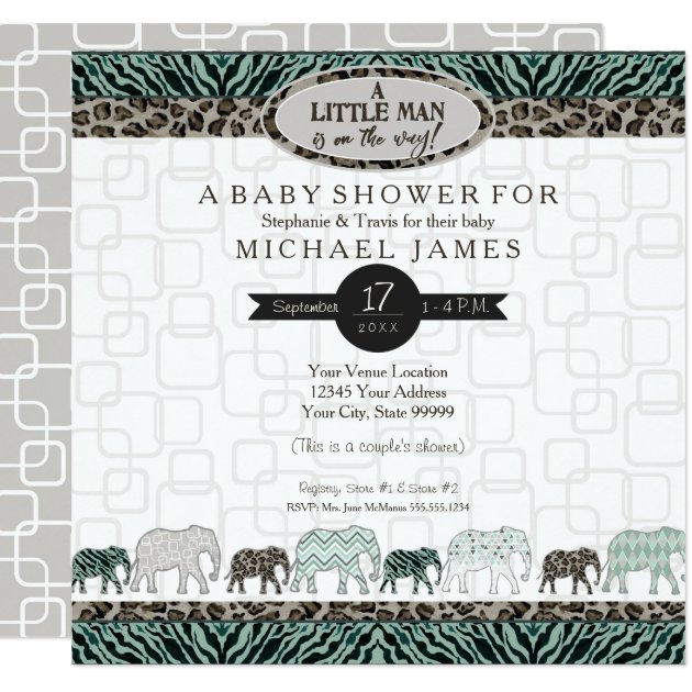 Little Man Baby Boy Safari Elephants Zebra Shower Invitation