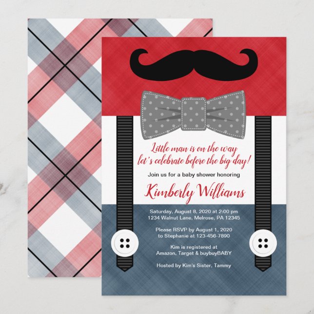 little man baby boy shower invitation red navy (Front/Back)