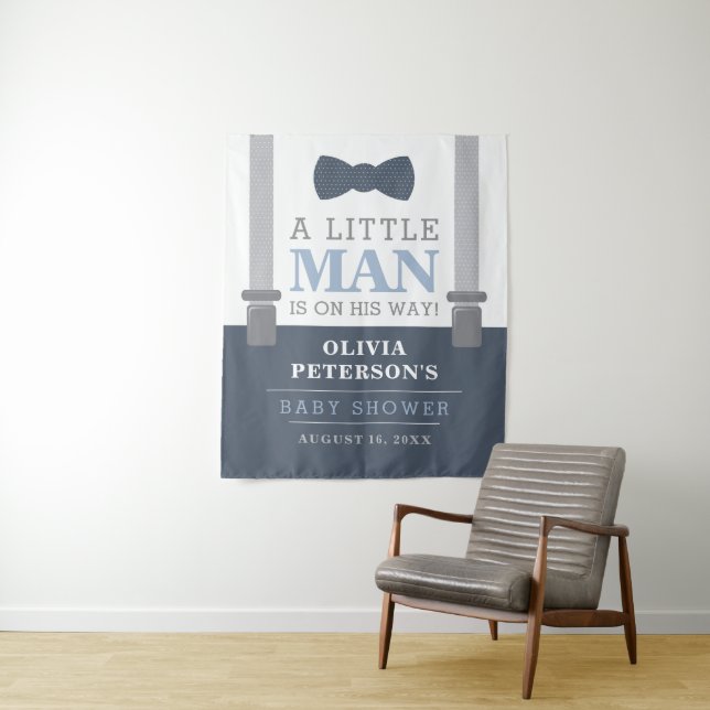 Little Man Baby Shower Backdrop, Navy, Gray (In Situ)