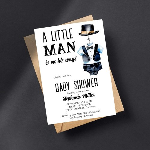 Little man baby shower black tuxedo and a hat invitation