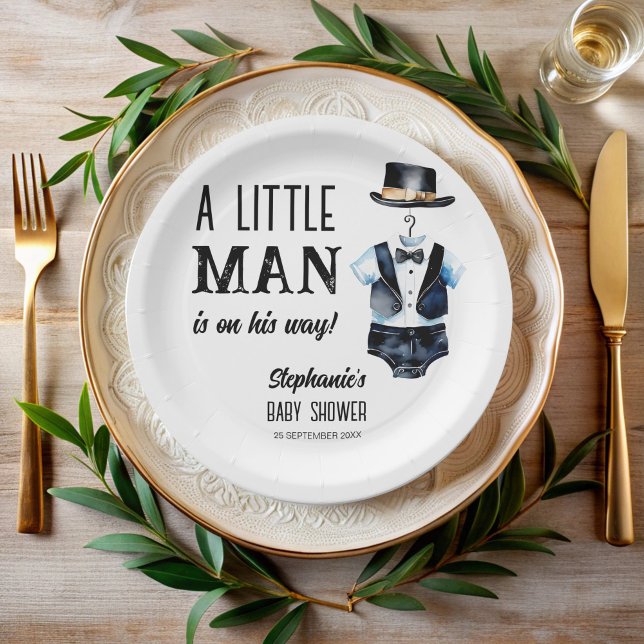 Little man baby shower black tuxedo monogrammed paper plates (Little man baby shower cute black tuxedo hat monogrammed paper plates personalized table decor)