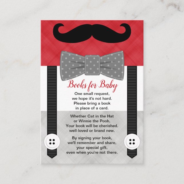 little man baby shower boy red gray book request enclosure card (Front)