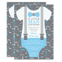 Little Man Baby Shower Invitation, Baby Blue, Gray Card