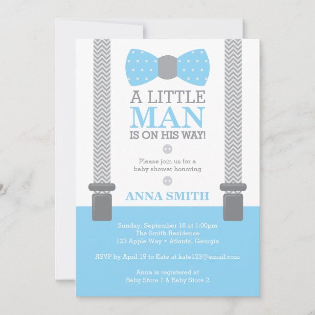 Little Man Baby Shower Invitation, Baby Blue, Gray Invitation (Front)